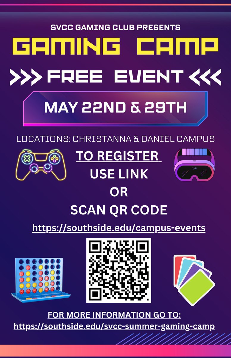 On May 22nd & 29th, the SVCC Gaming Club will be holding a Summer Gaming Camp! Ages 16 and up are welcome! Participants can have fun playing games while learning about the Gaming Club and the Esports Team. For more information, visit southside.edu/svcc-summer-ga….