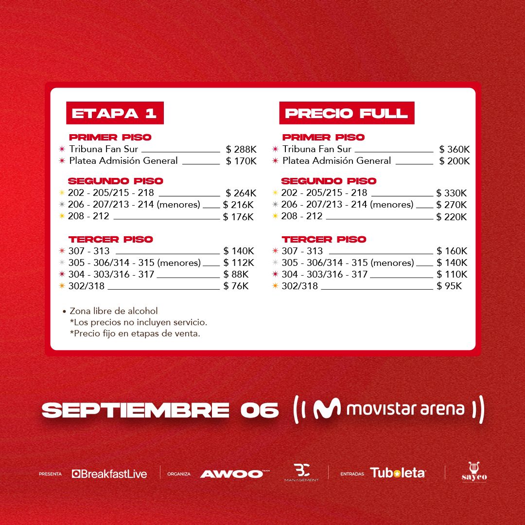 Precios para Ryan Castro en el Movistar Arena el 6 de septiembre, desde 76K a 288K en etapa 1, ¿qué les parece?