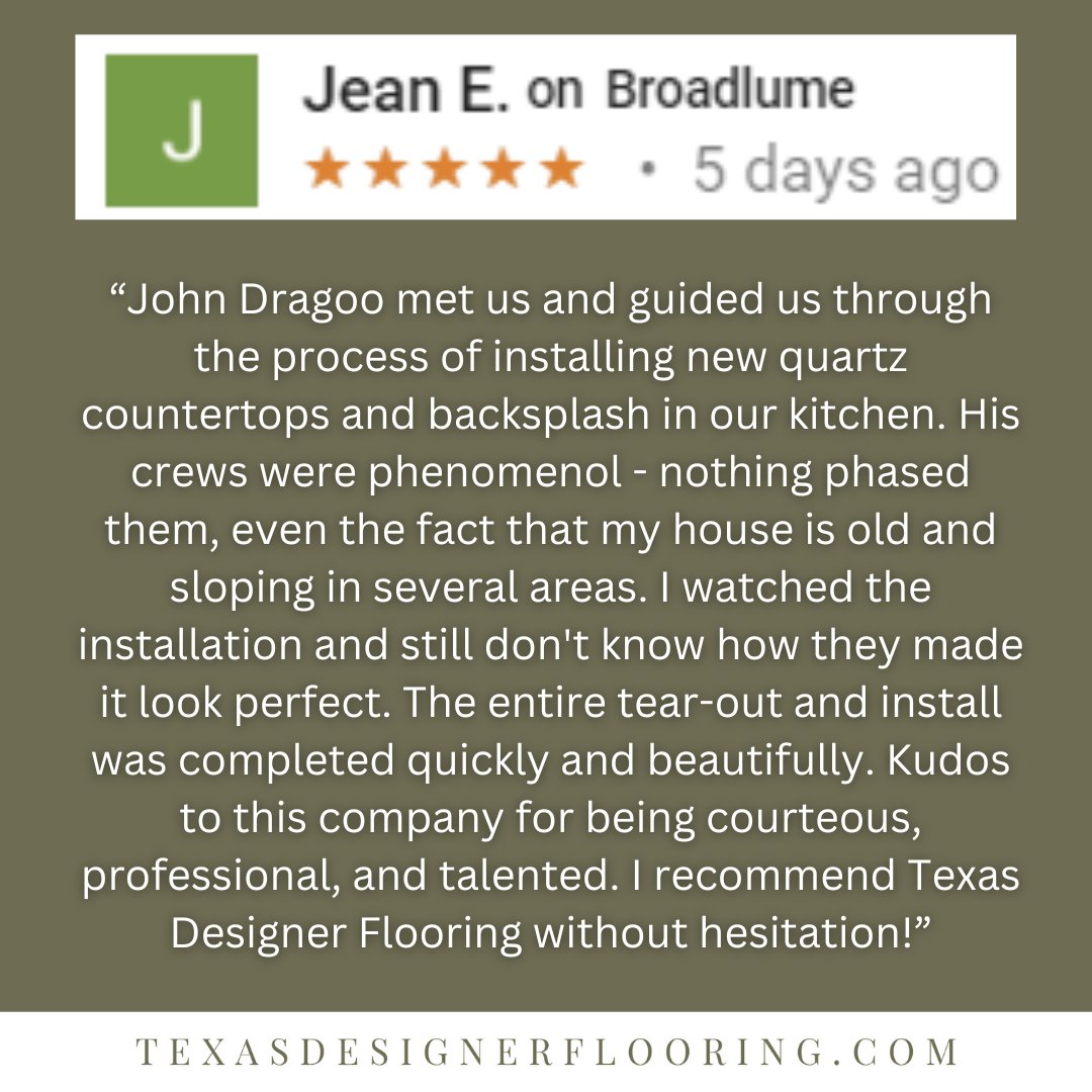 We love to make our customers happy!! Thank you for the kind words, Jean!!

#NewFlooring #2024FlooringTrends #Flooring #Backsplash #CustomTile

texasdesignerflooring.com
