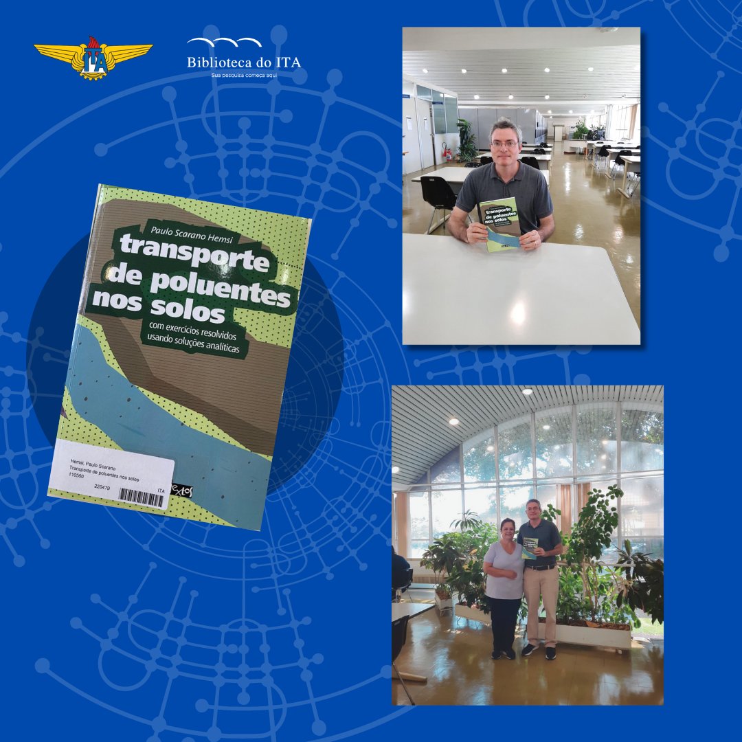 Compartilhando conhecimento com o livro "Transporte de poluentes nos solos" que já está incorporado ao acervo da Biblioteca do ITA! 
Parabéns Prof. Paulo Scarano pela dedicação ao escrever essa obra e pela doação pessoalmente à Biblioteca.👏👏📚