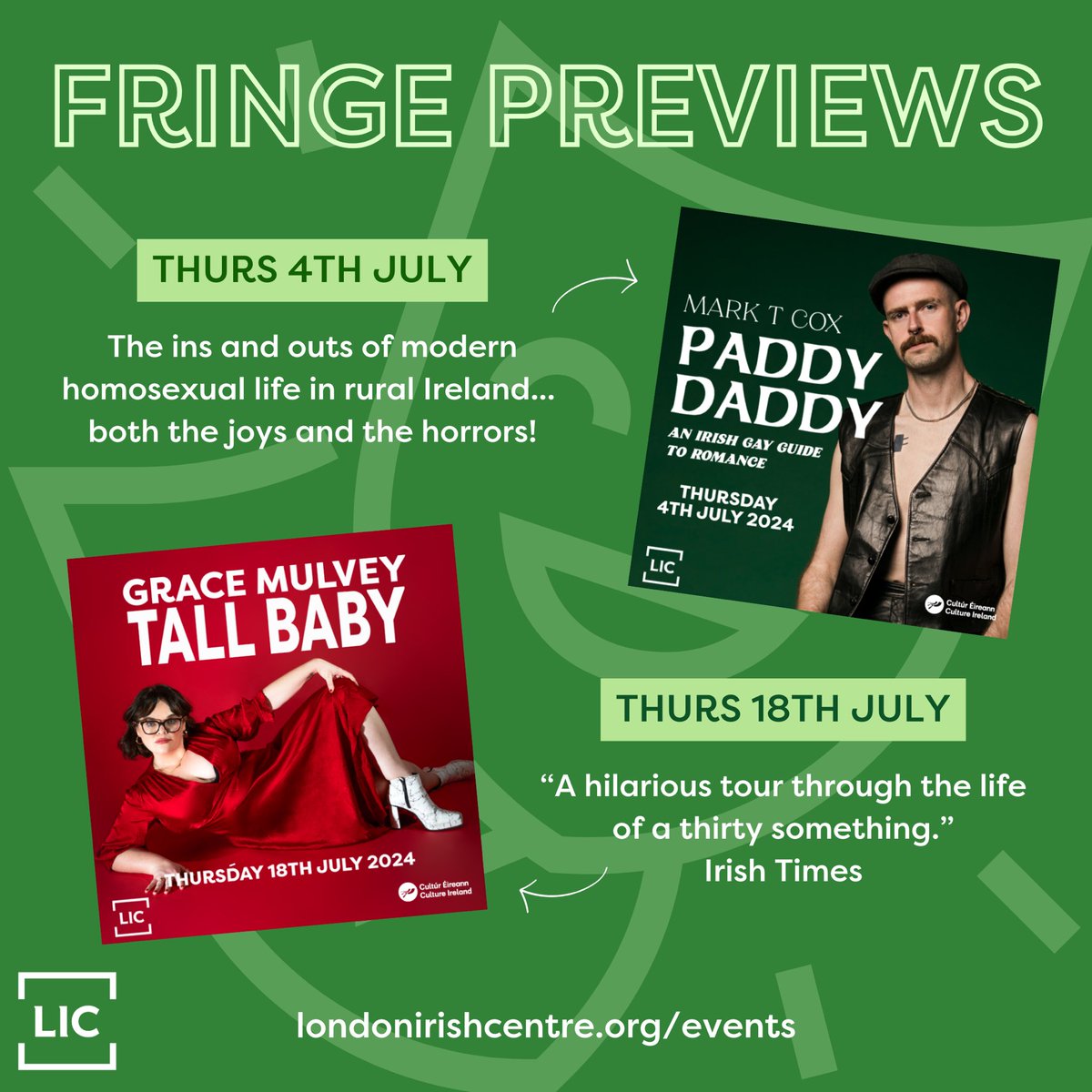 We have two exciting Edinburgh Fringe previews lined up this July! 🎉 Join us for the hilarious shows of @MarkTCox’s Paddy Daddy and Grace Mulvey’s Tall Baby before they take the stage in Edinburgh. Click below to book tickets. londonirishcentre.org/all-events/?sw…