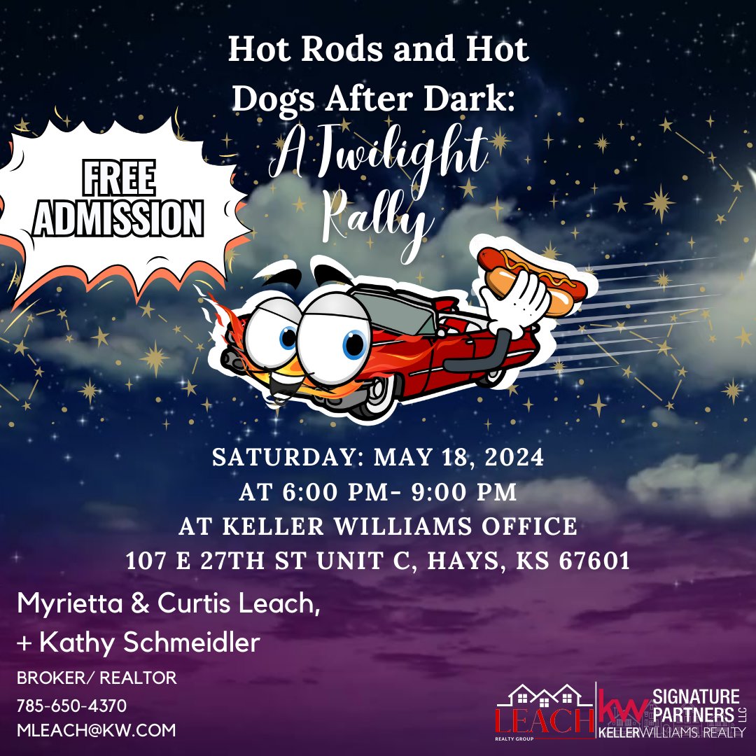 leachrealestate's tweet image. Join us for Hot Rods and Hot Dogs After Dark: A Twilight Rally on May 18th, 2024, from 6pm to 9pm. Get ready for an evening of sleek rides, delicious eats, and good vibes! Don't miss out on this twilight adventure! 🚗🌭 #HotRodsAfterDark #TwilightRally #NighttimeFun