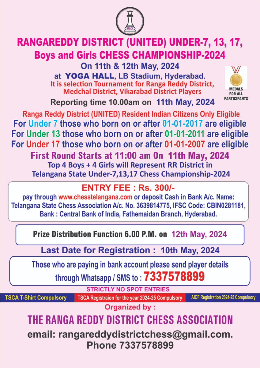 Rishpal27's tweet photo. @CEO_Telangana 
Dear CEO garu!
 a district state selections chess  tmt is planned on May 11 &amp; 12 , which was announced on Sun, May 7th(that covers Medchal, vikarabad , Hyd and RR district) Many parents, coaches, and other participants need to travel to their respective locations https://t.co/oL52IhQ4CS
