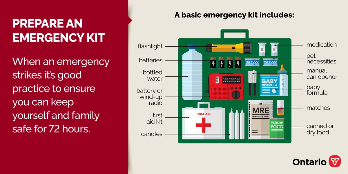 Building a household #emergency kit is an important step in being prepared for an emergency. Your kit should contain essential items & supplies to meet the needs of your household for at least three days. Learn more: ontario.ca/page/be-prepar… #EPWeek2024 #BePrepared #EmergencyKit