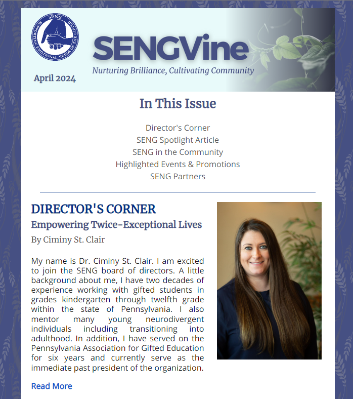 Our #SENGVine Newsletter contains SENG announcements and is filled every month with great resources for the #gifted community. Follow this link to subscribe: ow.ly/xTZ530laKOg