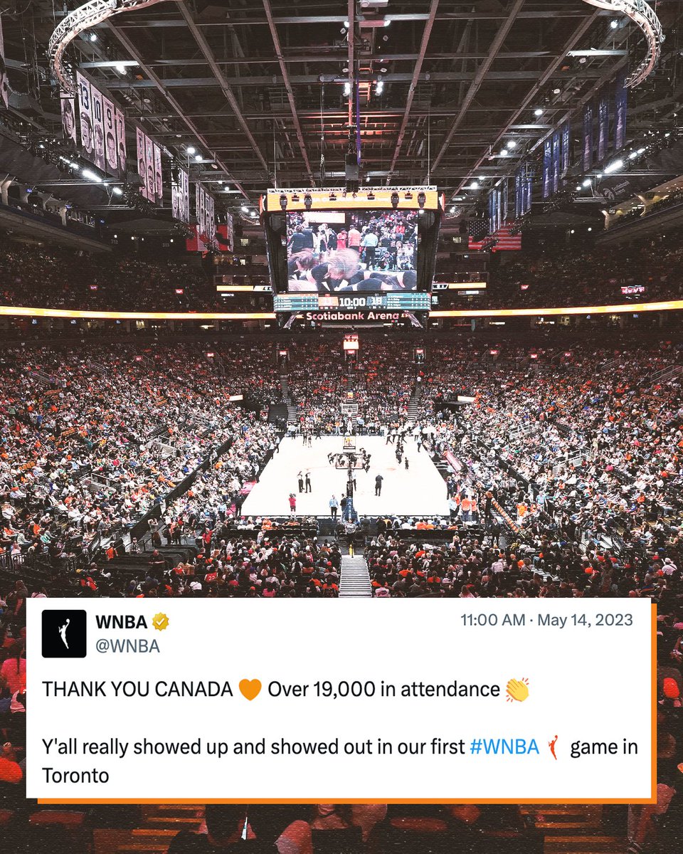 Toronto is MORE THAN ready for the WNBA. In May 2023, they sold out an exhibition game between Chicago and Minnesota. 🙌