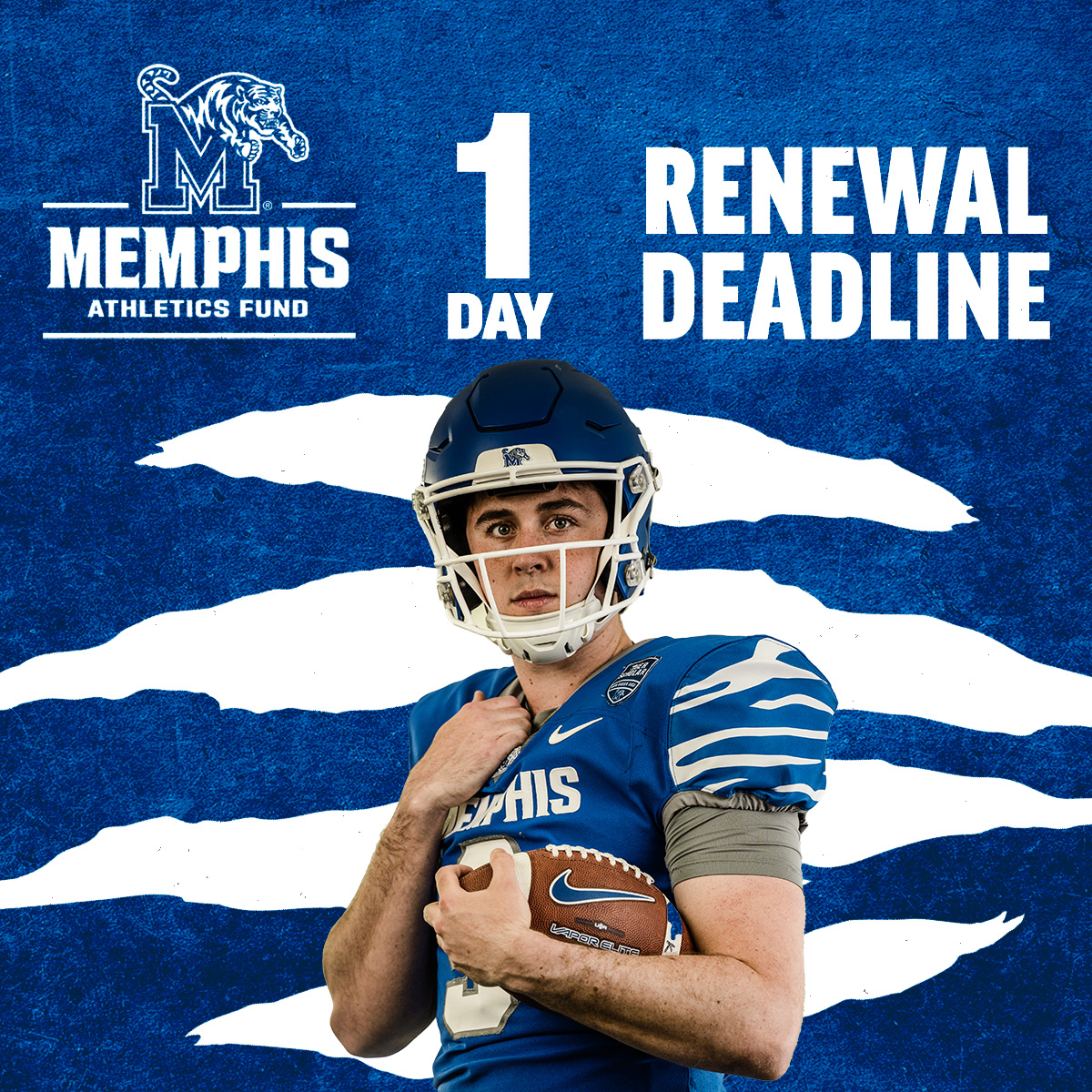 ONE MORE DAY! Renew your Memphis Athletics Fund contributions and season tickets today to see your Memphis Tigers during the 2024-25 season!
There is still time to renew and enter to win the grand prize 📷
Go to GoTigersGo.com or call 901-678-2334 today!