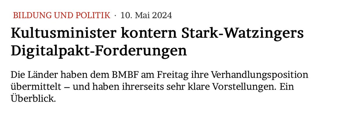 Kultusminister kontern Stark-Watzingers #Digitalpakt-Forderungen Die Länder haben dem BMBF am Freitag ihre Verhandlungsposition übermittelt – und haben ihrerseits sehr klare Vorstellungen. Ein Überblick. Im Blog: jmwiarda.de/2024/05/10/kul…