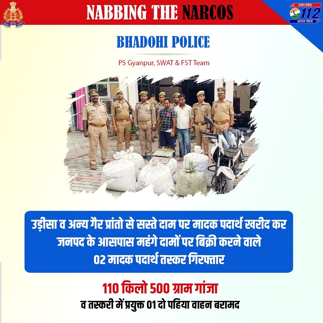 Zero Tolerance Against Narcotics Smuggling-

अन्तर्राज्यीय स्तर पर मादक पदार्थ की तस्करी करने वाले 02 तस्करों को @bhadohipolice द्वारा गिरफ्तार करते हुए उनके कब्जे से 110 किलो 500 ग्राम गांजा व तस्करी में प्रयुक्त 01 दो पहिया वाहन बरामद किया गया है I

#UPPNabsNarcos
#GoodWorkUPP