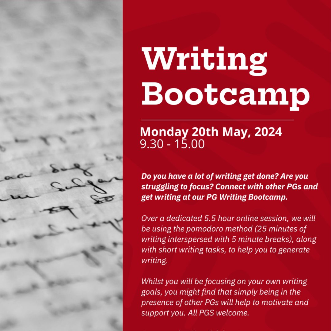 🗨️Are you a PG student? 🗨️Do you have a lot of writing to get done? 🗨️Are you struggling to focus? Well then come along to the PG writing bootcamp on May 20th, hosted by the lovely people at SLD! More info can be found on their website, so check it out 😎