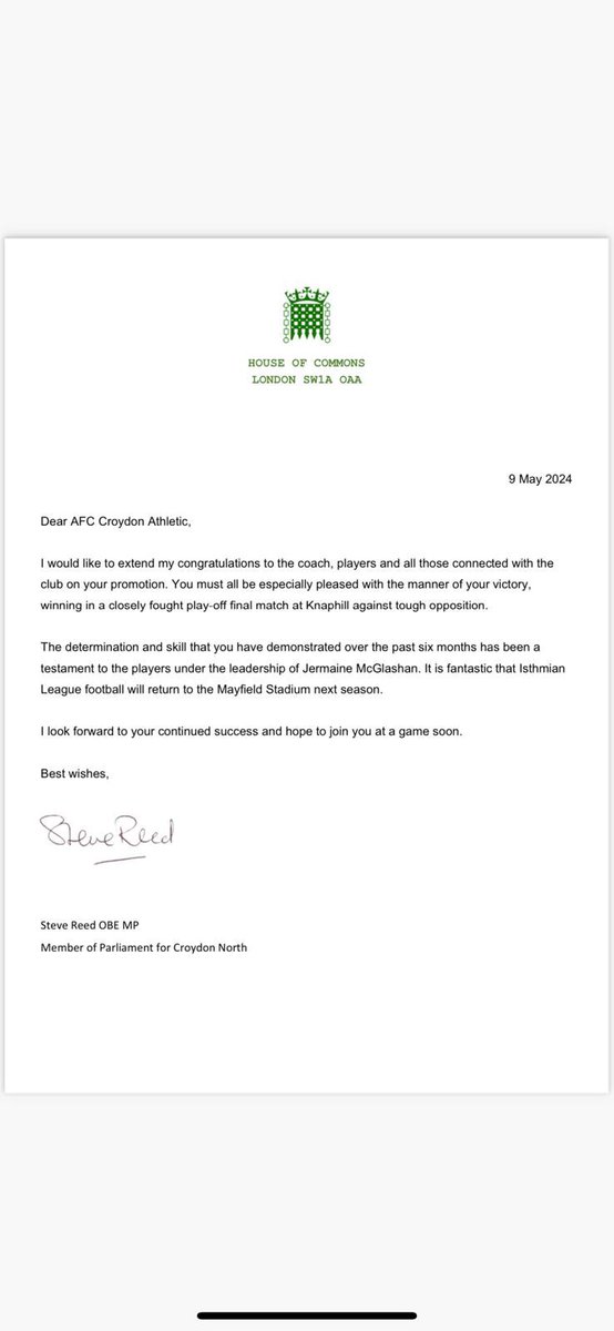 ✍️ Plaudits from a Politican! ✍️ Our thanks to Steve Reed OBE MP for penning the below letter to us - a very classy gesture that’s appreciate by all at the club 👏 You’re welcome down at The Mayfield next season! @SteveReedMP 🐏