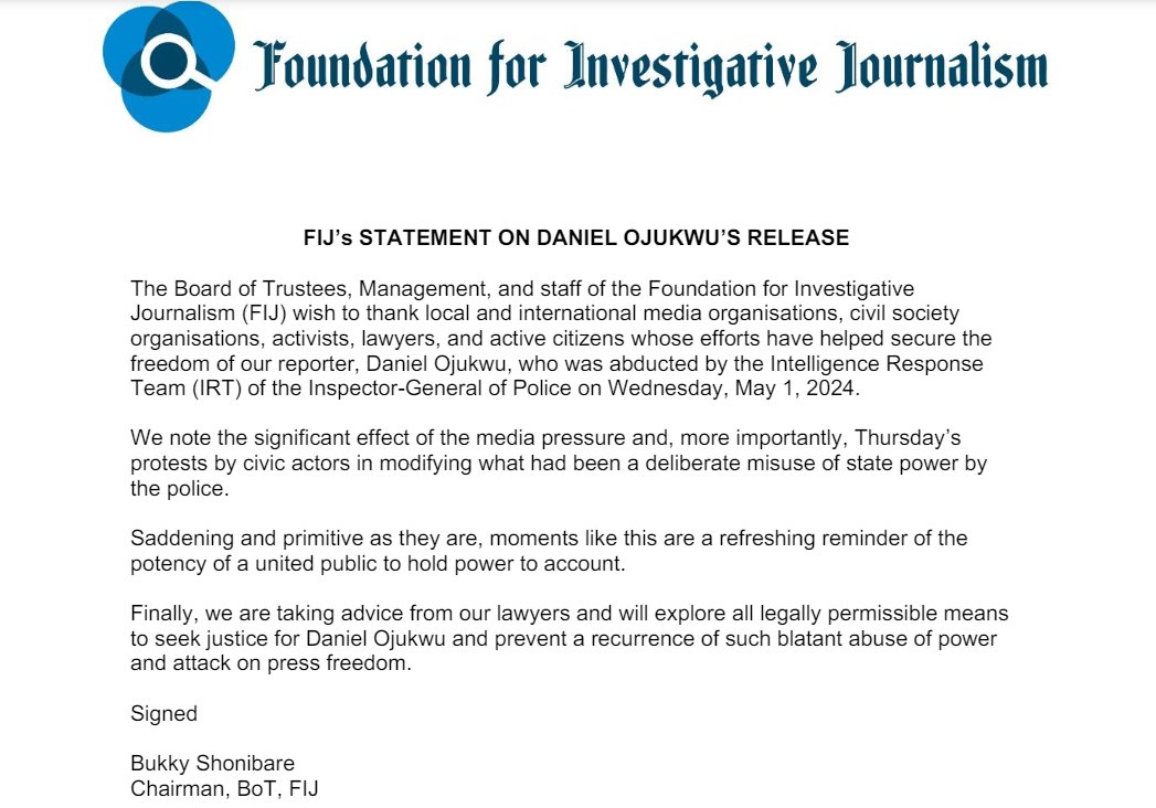 FIJ's STATEMENT ON DANIEL OJUKWU'S RELEASE