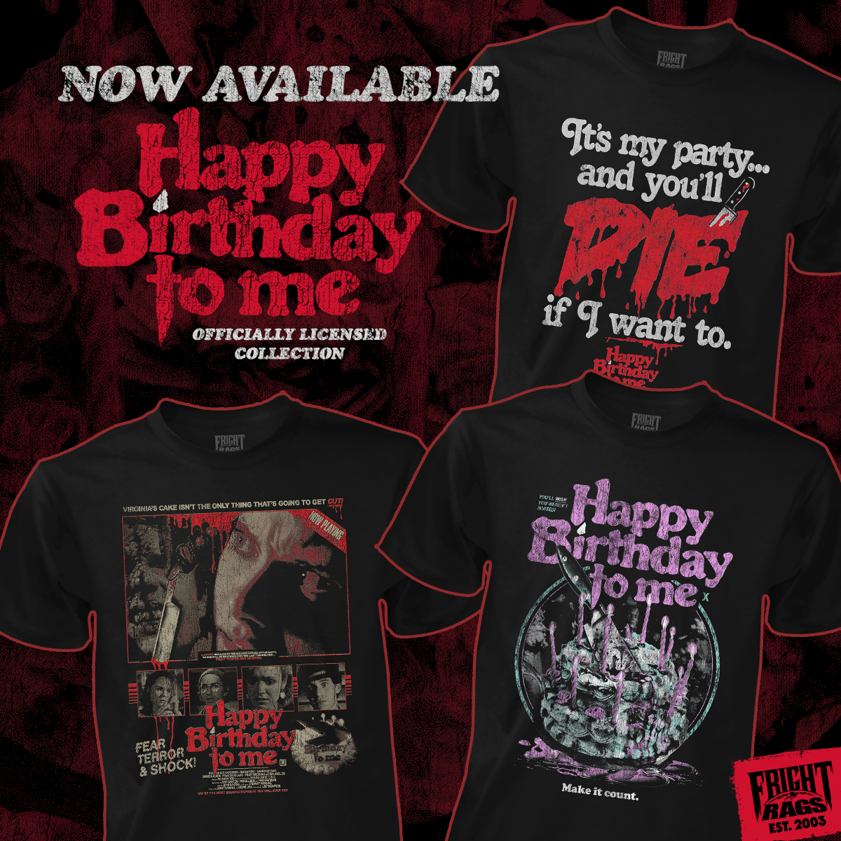 🎂💀 Now available! Officially licensed HAPPY BIRTHDAY TO ME collection featuring three new designs inspired by the 80s cult-classic. In-stock and ready to go. 👉 SHOP: bit.ly/3WzgNOe