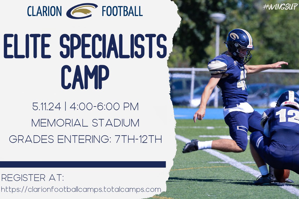 🚨Tomorrow🚨 Last day to sign up for two camps tomorrow! Walk ups welcome. Elite Skills Camp ⏰: 1 PM 🏟️: Memorial Stadium 📍: Clarion, PA Elite Specialists Camp ⏰: 4 PM 🏟️: Memorial Stadium 📍: Clarion, PA Register Here: clarionfootballcamps.totalcamps.com/shop/EVENT #WingsUp