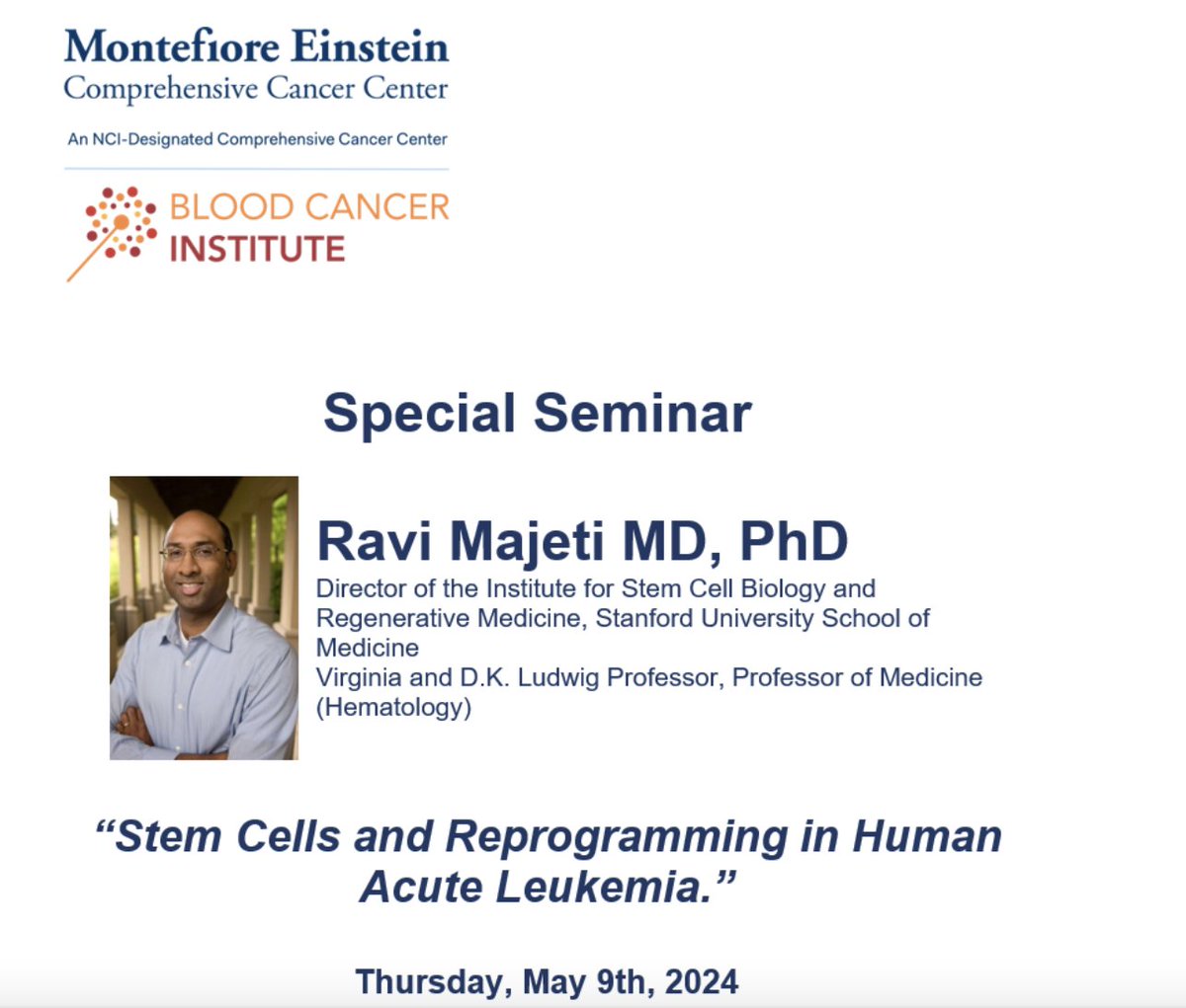 Thank you @majetilab for being @EinsteinMed @MontefioreNYC BCI guest this week and telling us about the exceptional science ongoing in your lab! Not 1 but 3 stories !! @mkonople introducing Dr.Majeti. Come back again!! @Einstein_SCI TY @The_Ito_Lab for co-hosting!!