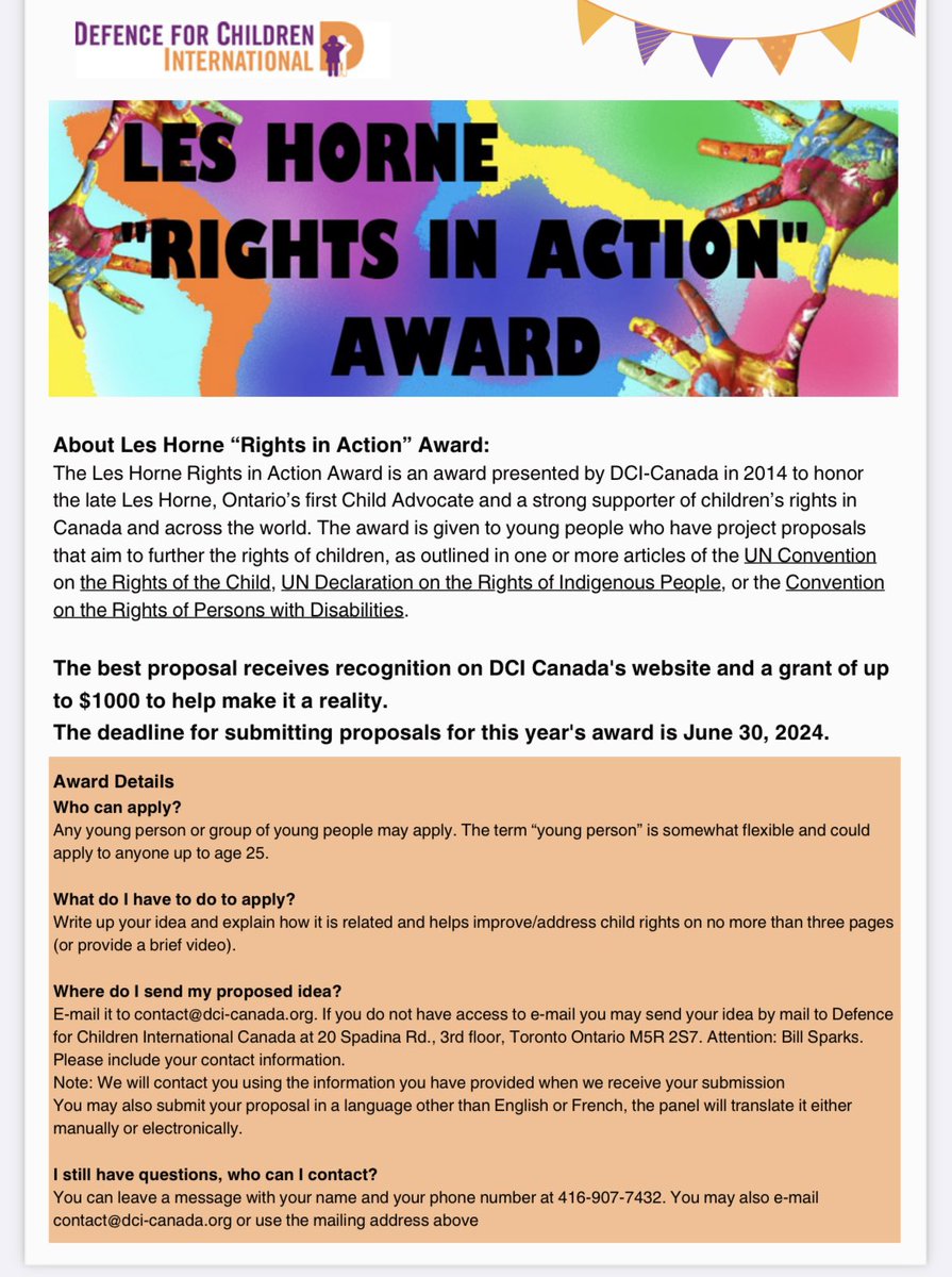 Les Horne was Ontario’s first formal Child Advocate. In his memory Defence For Children International - Canada will award a young person or young person led organization the Les Horne Award $1,000 to carry out a project they have in mind. @children1stca @UNICEFCanada