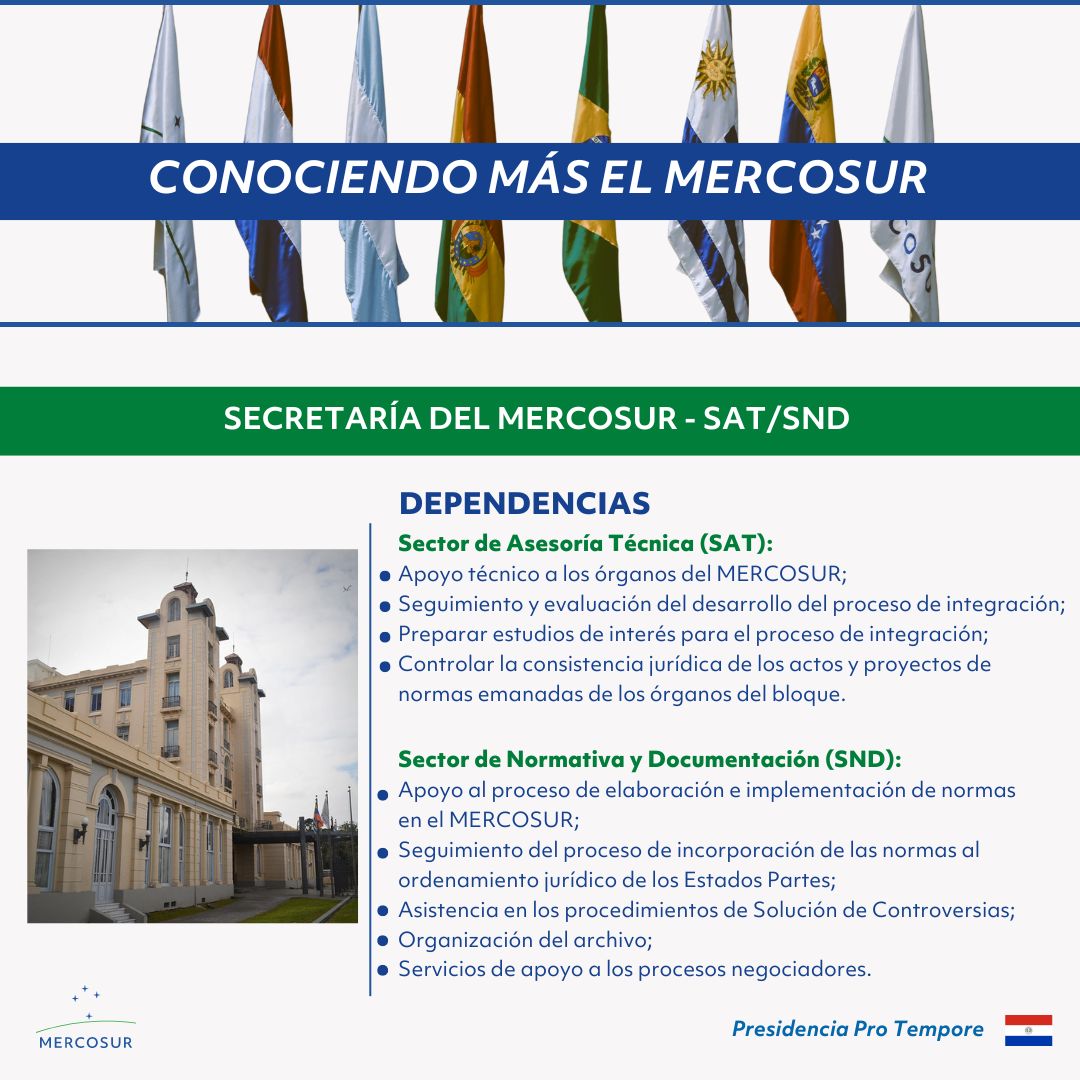 [ES] Esta semana te contamos las funciones de 2 sectores dependientes de la🏛️Secretaría del MERCOSUR (SM), cuya sede está en Montevideo 🇺🇾: el📍Sector de Asesoría Técnica (SAT) y el 📜Sector de Normativa y Documentación (SND).
#conociendomáselmercosur