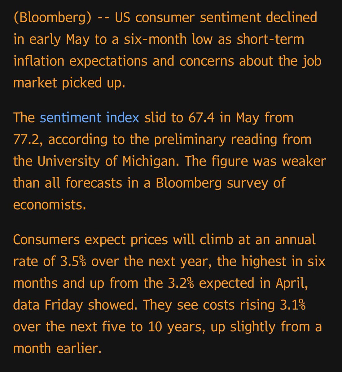 Per Bloomberg, “US Consumer Sentiment Slumps as Inflation Expectations Rise” (details below). Add that to other indicators of the slight stagflationary wind blowing through the economy. #economy #growth #inflation #econtwitter