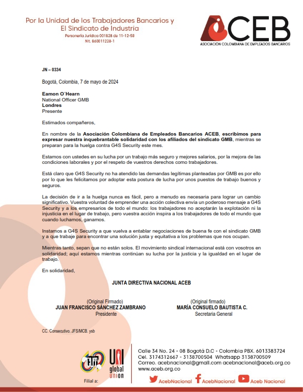 Desde @acebnacional , expresamos nuestra solidaridad con l@s afiliad@s del sindicato @GMB_union Estamos con ustedes en su lucha por un trabajo más seguro y mejores salarios, por la mejora de las condiciones laborales y por el respeto de sus derechos @uniglobalunion @uniamericas