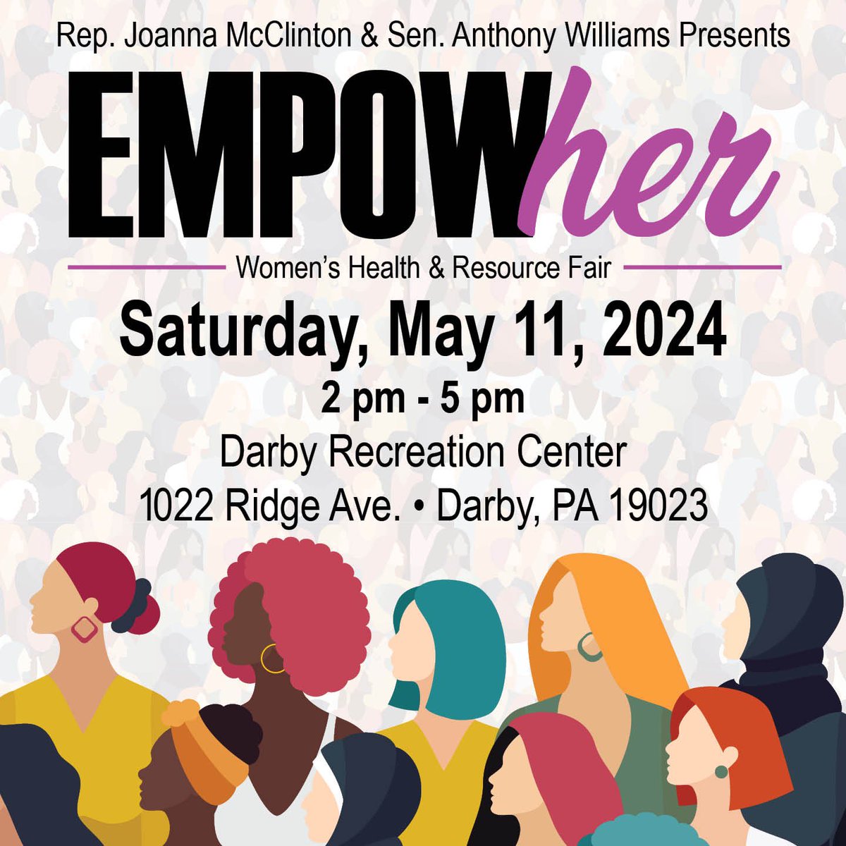 #DelCo neighbors - Join @SenTonyWilliams & I TOMORROW, May 11, 2024, from 2 p.m. to 5 p.m. at the Darby Recreation Center, 1022 Ridge Ave., Darby, PA for the EmpowHER Women's Health and Resource Fair. RSVP by contacting my office at 215-748-6712 or forms.office.com/pages/response…