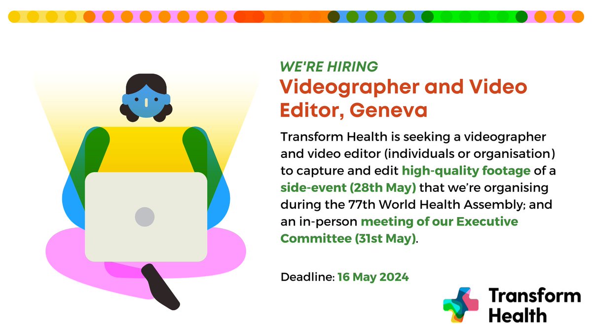 📹 @trans4m_health is looking for a videographer and video editor based in Geneva! ⌛Deadline to apply: 16 May 2024 🔗Apply now: buff.ly/4adEG15 #Hiring #Job #JobPost #JobAlert #NonProfitJobs