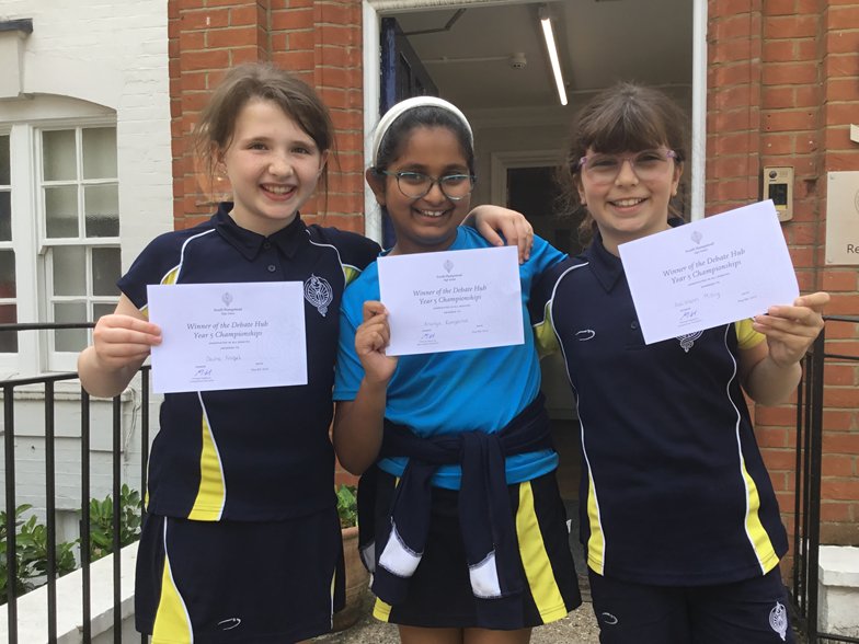 Congratulations to our winning debaters - this trio were undefeated at this week's @Debate_Hub_ competition, which welcomed over 100 Year 5 pupils from 11 different schools. #speakout #schoolstogether #powerofpartnerships