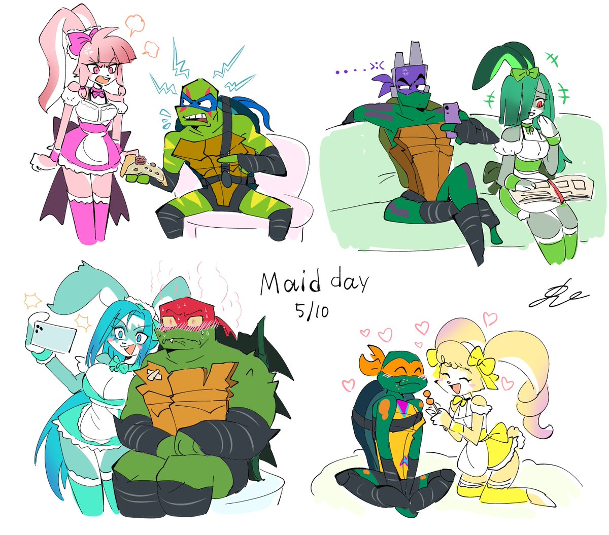 May 10 is doodles in honor of Maid's Day💦 The Umeko Sisters lose their match against the Turtles and become their Housemaids for a day, but on the contrary the trouble gets more intense…?🐰🐢
