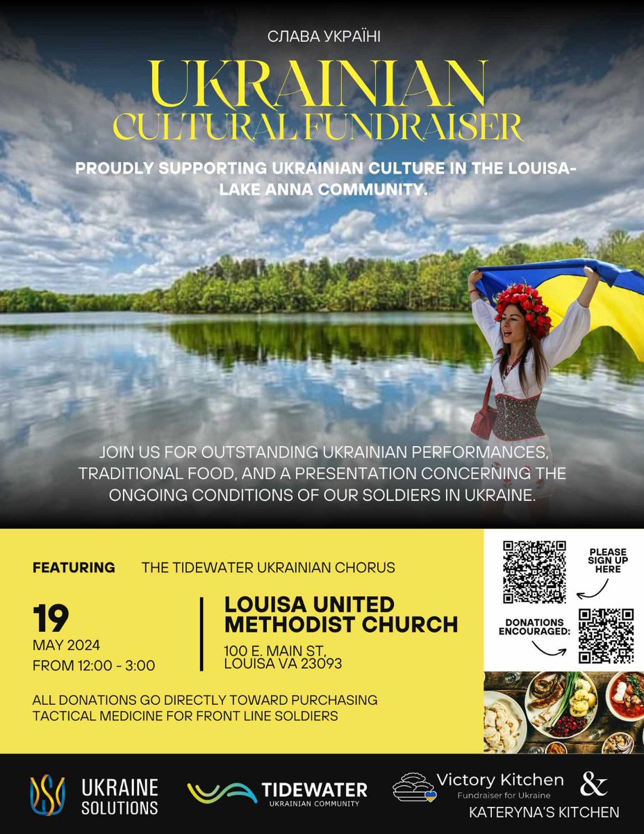 Virginia peeps: Ukrainian festival on Sunday, May 19, 12-3pm at United Methodist Church in the town of Louisa, Virginia (about 1 hour from Cville, Richmond; 2 hours from DC). See you there 🇺🇦