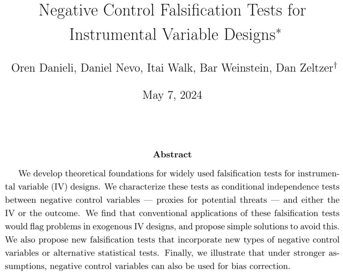 WP🚨 with @danzeltzer @DanielNevo @B_WNSN & Walk. If you used an IV, you likely ran a falsification or placebo test for exogeneity. We show these tests can be *too harsh*. They can flag issues even if the IV is exogenous.#EconTwitter #CausalInference arxiv.org/abs/2312.15624 🧵>>