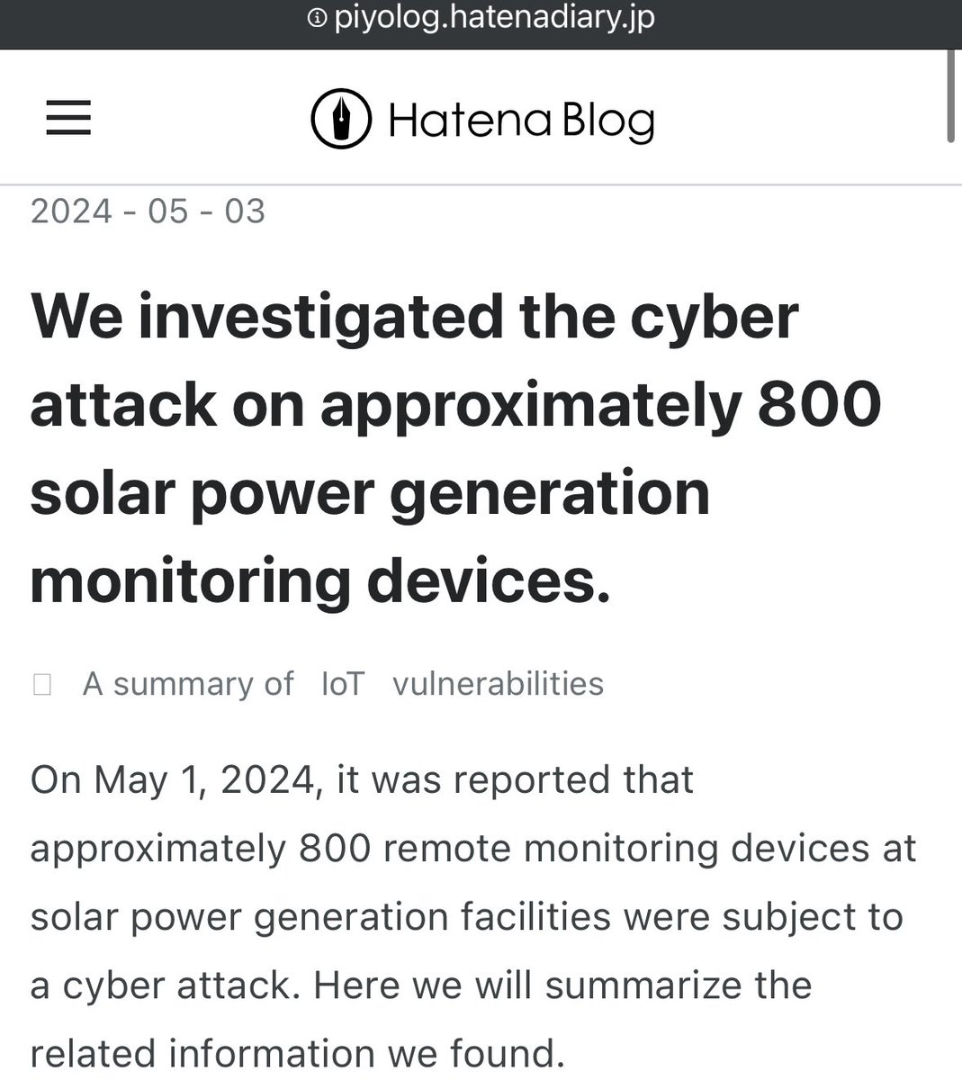 5tuxnet's tweet image. A Chinese hacking group has hijacked more than 800 #solar power generation monitoring devices across #Japan. The incident took place at the start of May, and targeted devices made by Japanese company #CONTEC. The hacked devices were used to conceal the hackers' identities and