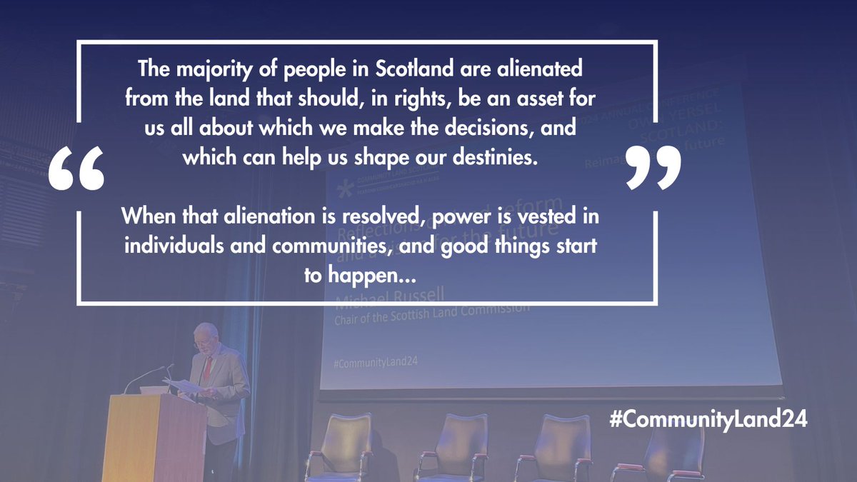 Chair of the Scottish Land Commission, Michael Russell, delivers a keynote address at the @CommunityLandSc Conference, sharing a vision for land reform that includes increased individual, collective, and national prosperity, whilst addressing feelings of alienation from the land.