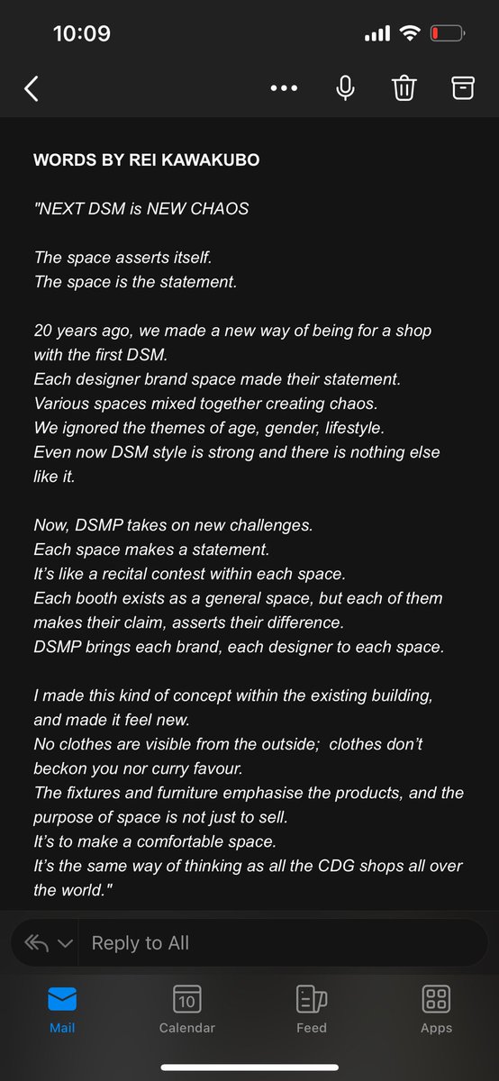 Words from Rei Kawakubo about the new Dover Street Market in Paris. Department store poetry!!