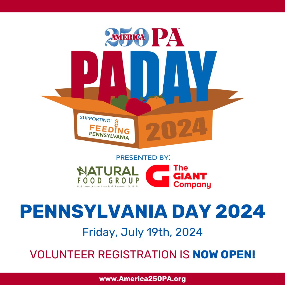 For our 2024 PA Day Initiative, we are #PAProud to again partner with The GIANT Company (@GiantFoodStores) and Natural Food Group in support of @FeedingPA to tackle food insecurity in our Commonwealth!  

Volunteer registration is NOW OPEN! Sign-up: bit.ly/PADay24