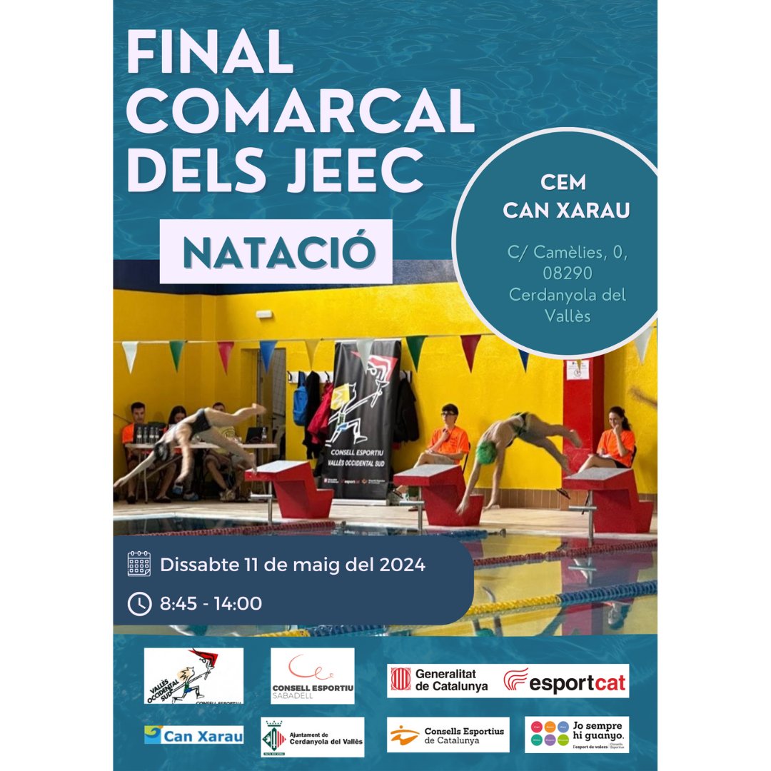 📢 Final Comarcal de Natació
🗓️ Dissabte 11 de maig
🕘A partir de les 8:45h
 📍CEM Can Xarau <a href="/Cerdanyola/">Cerdanyola</a>
🤝 Conjuntament amb
<a href="/CEVOSabadell/">Consell Esportiu Sabadell</a>
#JEEC #Natació #EsportEscolar #Valors