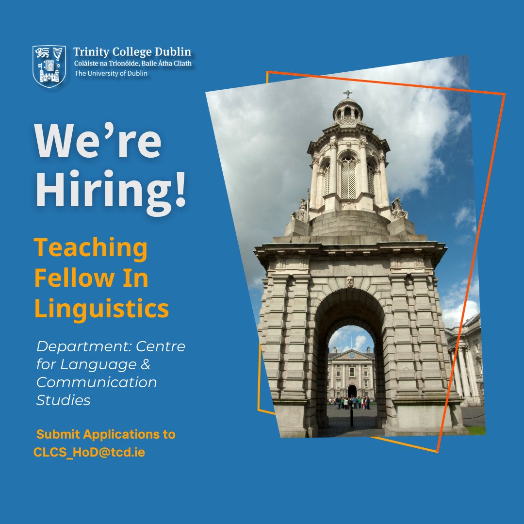 TCDSLSCS (@tcdslscs) on Twitter photo 🏫 <a href="/tcddublin/">Trinity College Dublin</a> seeks a qualified Teaching Fellow in Linguistics (Semantics) to join their team at the School of Linguistics, Speech & Communication Sciences.
A 3yr position in a world-class teaching programme.
📅 Deadline Jun 7th
🔗 Full Description at tcd.ie/slscs/assets/T… 🏫 <a href="/tcddublin/">Trinity College Dublin</a> seeks a qualified Teaching Fellow in Linguistics (Semantics) to join their team at the School of Linguistics, Speech & Communication Sciences.
A 3yr position in a world-class teaching programme.
📅 Deadline Jun 7th
🔗 Full Description at tcd.ie/slscs/assets/T…
