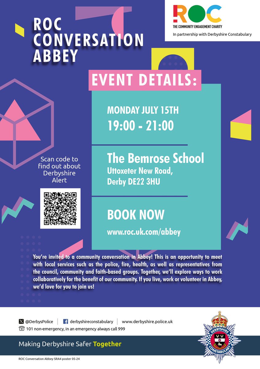 We are delighted to be working with @DerbysPolice and other local agencies to host the ROC Conversation for the #Abbey Ward of #Derby on July 15th at @BemroseSchool Please book your free ticket roc.uk.com/abbey