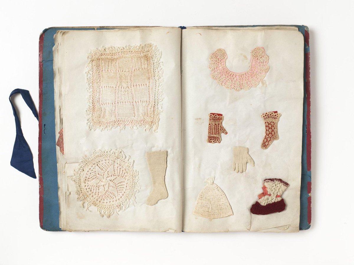 Loving Elleanor (Ellen) Mahon’s needlework sampler book, made at the Boyle School in Ireland in 1852-1854 and now at the @V_and_A. These records allowed girls to show potential employers all of their needle skills at once. I’m obsessed with the tiny dresses, socks, and gloves