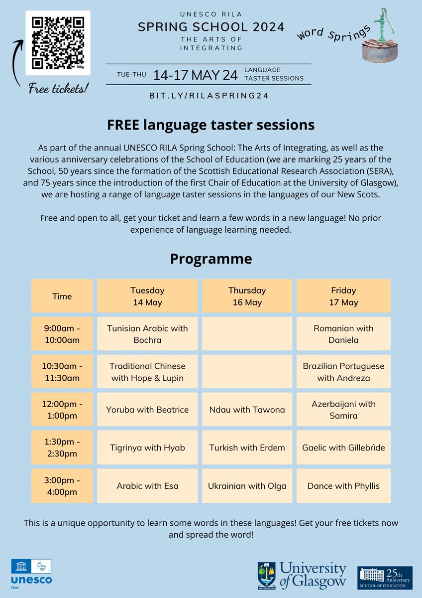 This year's #RILASpring24 Spring School is all about #language and what better way to experience that than to 'taste' the different languages we have in Scotland! Book your ticket for our language taster sessions on 14, 16 & 17 May now: bit.ly/3UwJCK0