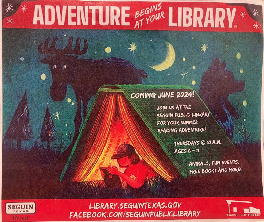 A great reading adventure is waiting for one and all at the Seguin Public Library @SeguinPublicLib this summer! 👏🙌Check out all the reading fun to be had in the 'Adventure Begins at Your Library' summer program! 🩷📚 ! #SeguinReads #WeAreSeguin @SeguinISD @McQueeneyESISD