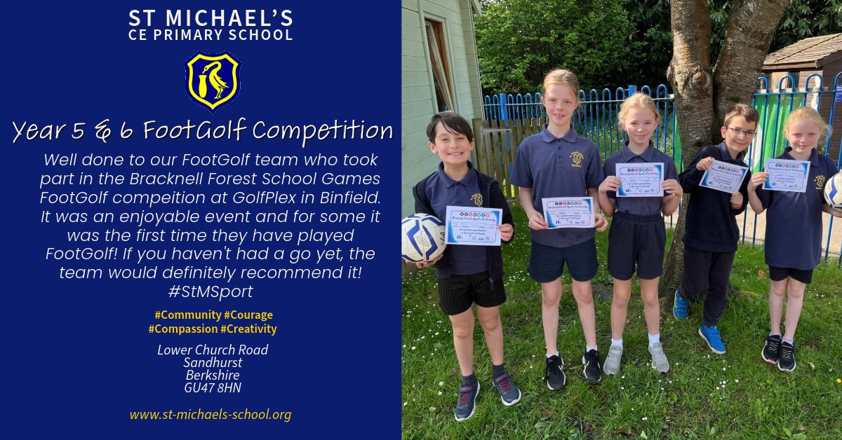 stmichaelssand's tweet photo. Congratulations to our Y5/6 FootGolf team who represented the school at the Bracknell Forest School Games competition earlier this week at GolfPlex in Binfield. A superbly organised and fun event for all the children that took part! #StMSport https://t.co/YiC0wYLvCi