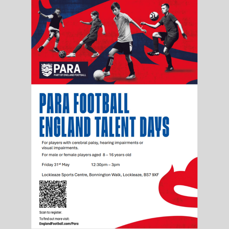 The FA are running England Para Football talent days for male & female players aged 8-16 with the following impairments: - Cerebral Palsy - Hearing Impairments - Visual Impairments Please use the following link to register or scan the QR code: shorturl.at/quHJR ⚽️💚