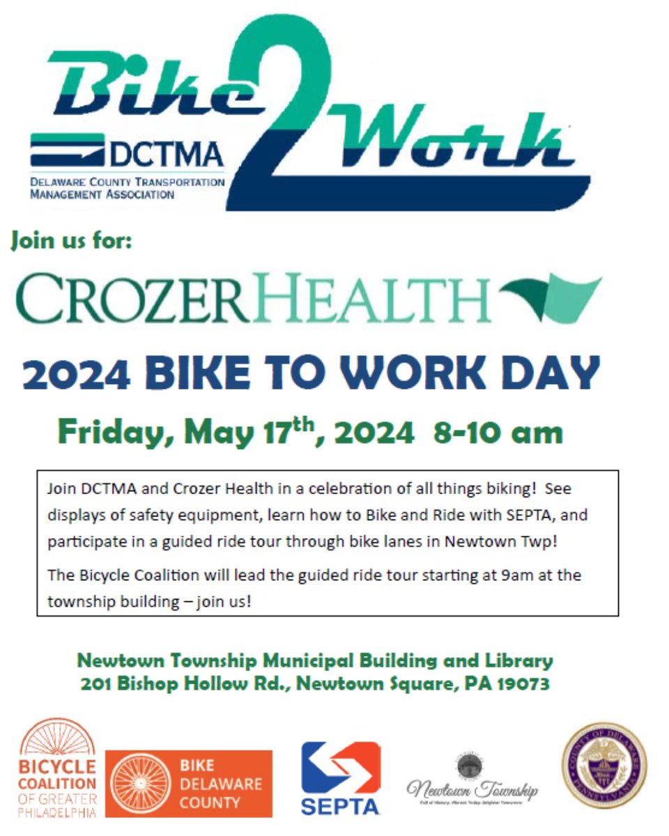 Join us on May 17th for Bike to Work Day in Newtown Township from 8-10AM! The Bicycle Coalition of Greater Philadelphia will lead the guided ride tour beginning @ 9am. Be sure to mark your calendars for a fun morning of all things biking!
 
 #BikeToWorkDay #cyclingtowork #delco
