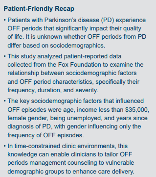 #FactCheck Friday! #Parkinsons disease (PD) meds never work suboptimally. FALSE! OFF periods are episodes when PD meds work suboptimally (symptoms return & impact life quality). @cheerful04 shows in JPCRR how OFF periods can differ based on demographics: institutionalrepository.aah.org/jpcrr/vol11/is…