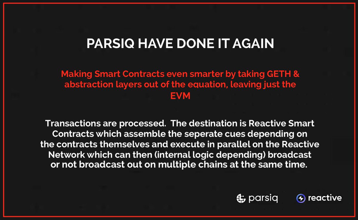 @parsiq_net are improving the processes for 'Reactive Smart Contracts' ⚡️ on their 'Reactive Network' @0xReactive by removing GETH & other abstraction layers & just leaving the EVM thereby vastly improving the functionality & value of smart contracts