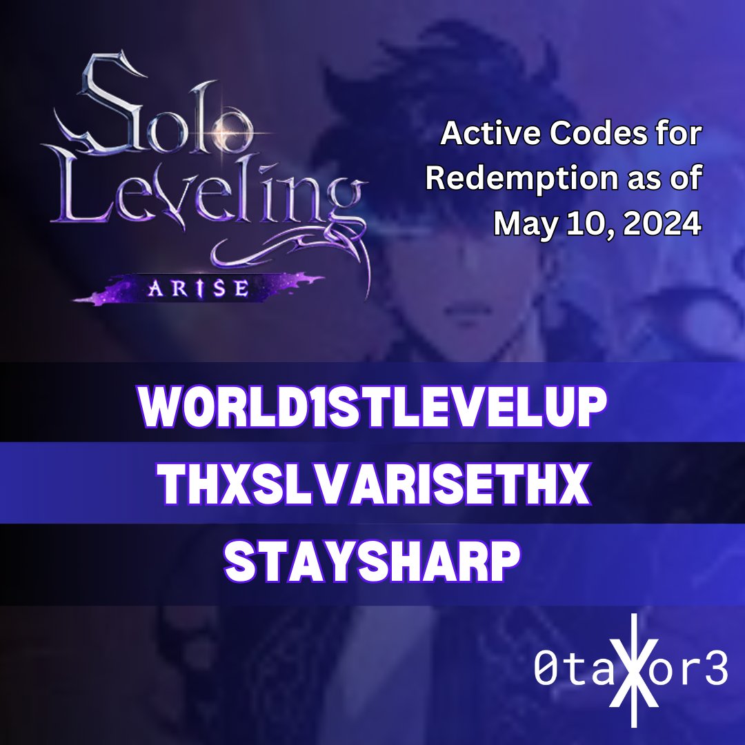 #SoloLevelingArise Active Codes for Redemption as of May 10, 2024. See the ff. codes:
- WORLD1STLEVELUP
- THXSLVARISETHX
- STAYSHARP

To redeem, go to the Settings of your game (see gear icon). Tap Account, and find the 'Redeem Code' button. 

Thank you! 🙇

#mobilegaming