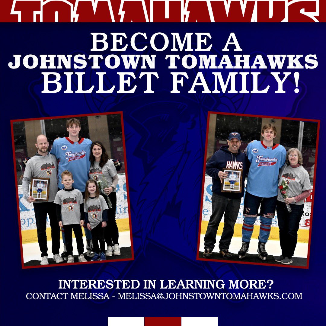 The Johnstown Tomahawks are currently looking for potential billet families for the 2024-2025 season😊 Billet families play an important & exciting role in our players lives. By opening your home to the players you provide them with a stable and secure home away from home! 🏡 If