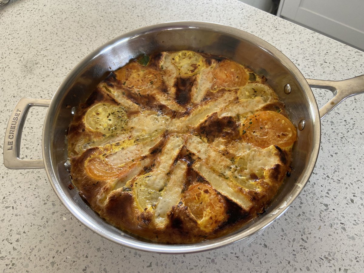 Sampadoodle's tweet photo. Goose egg frittata, on the patio. It’s a hard life #gooseeggs #frittata #eatrealfood #homecooking https://t.co/fA4o3C91dr