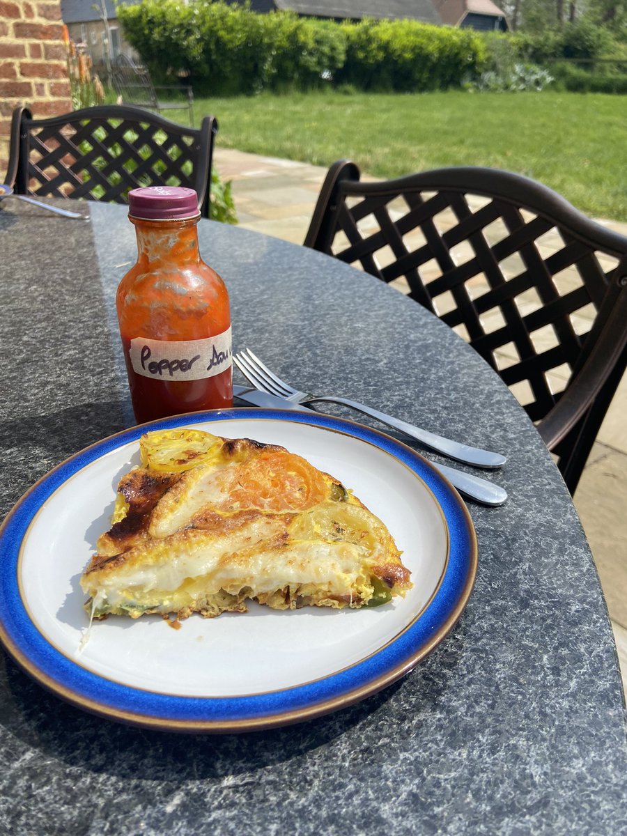 Sampadoodle's tweet photo. Goose egg frittata, on the patio. It’s a hard life #gooseeggs #frittata #eatrealfood #homecooking https://t.co/fA4o3C91dr
