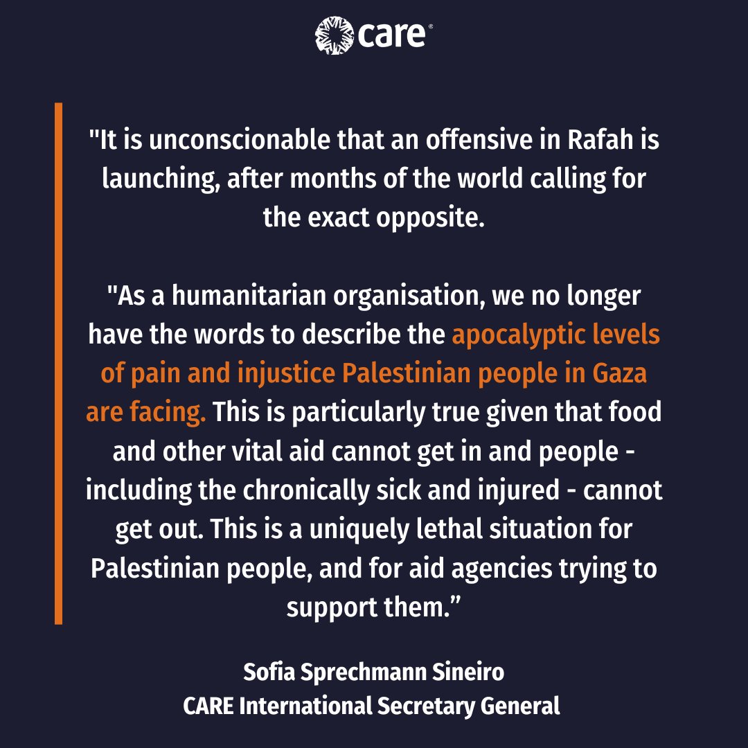 CARE calls for an immediate halt to the offensive on #Rafah. Over 77,700 Palestinians have been injured in the carnage, & the already horrific death toll of close to 35,000 people in #Gaza is tragically likely to grow once debris is cleared. #CeasefireNOW careinternational.org.uk/press-office/p…