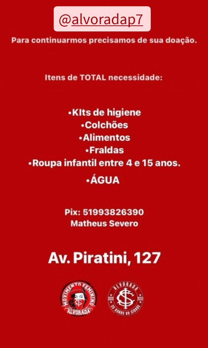 LenonBem's tweet photo. Gurizada, uma atenção aqui pro pessoal de Alvorada que ta 24h na luta também pra ajudar os atingidos das enchentes na cidade.

@SCIAlvoradaP7 Popular do Inter 🇦🇹 https://t.co/wiP5Qbc9Yr